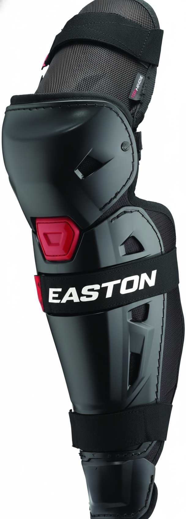 Easton Hellcat Slowpitch Softball Leg Guards displayed showing their slowpitch-specific construction and comfortable protection design for recreational and competitive slowpitch catchers.