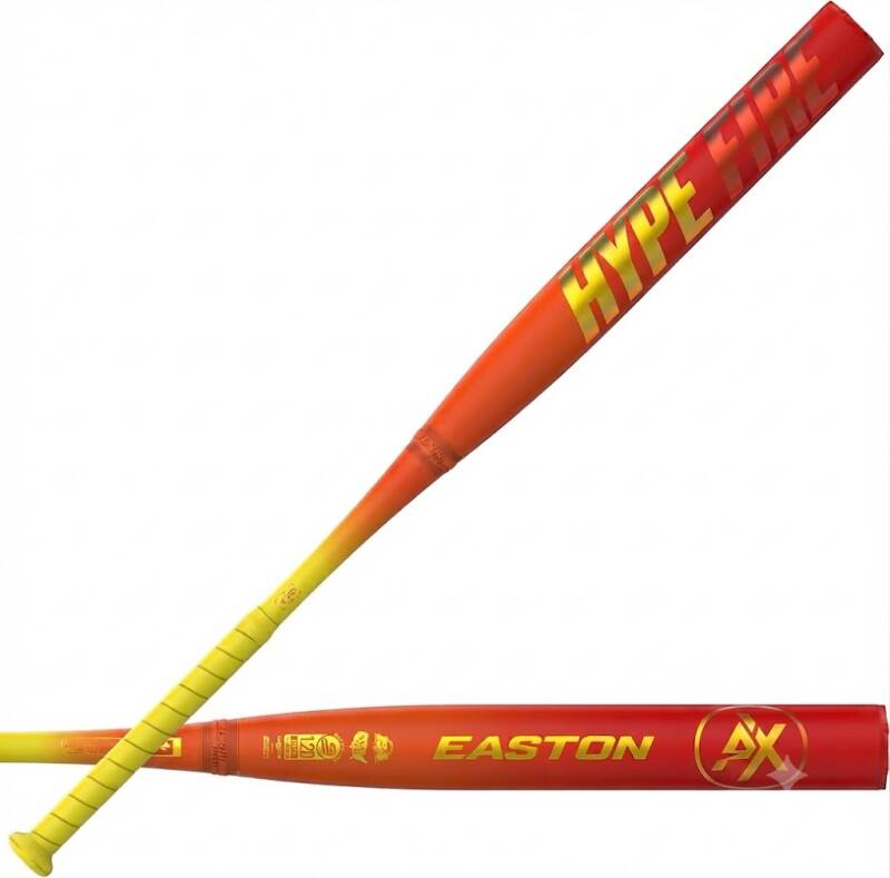 Easton Hype Fire Slowpitch Softball Bat | ESU6HFL | USSSA | 2 Pc. Composite, a two-piece composite bat in a red-to-orange gradient finish with a yellow grip.
