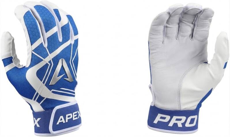 Pair of blue and white batting gloves with geometric patterns, silver triangular logo and "APEX PRO" text on wristbands.