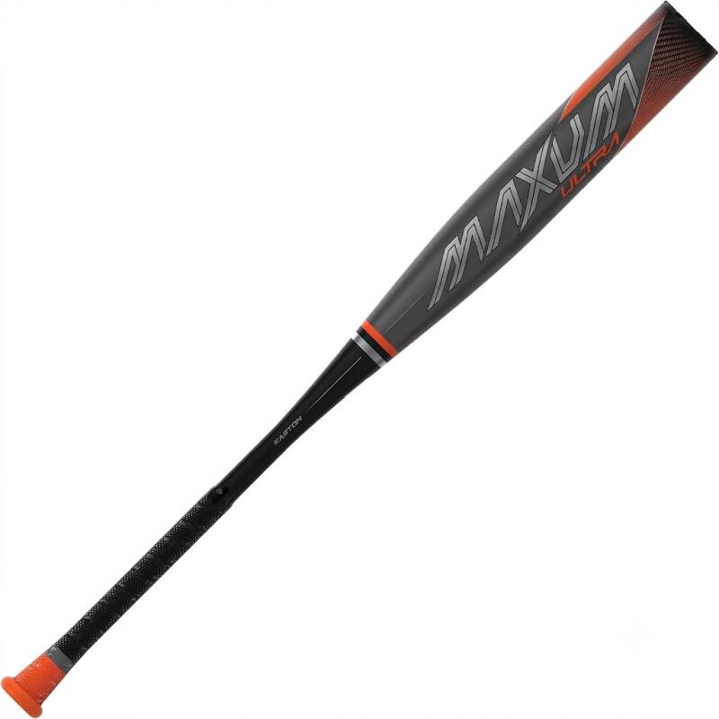 Easton | MAXUM ULTRA Baseball Bat | BBCOR | -3 Drop | 1 Pc. Composite in dark gray and black with bright orange accents and an orange-tipped grip.