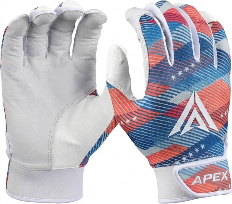 White and blue patterned batting gloves with red accents and a silver triangular logo.