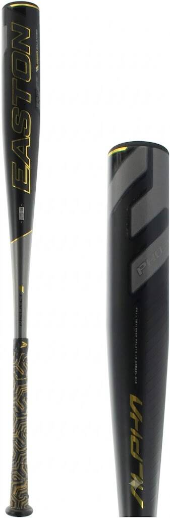 EASTON Project 3 Alpha -3 BBCOR Baseball Bat | 2019 | 1 Piece Aluminum | Carbon-Core | ATAC Alloy in black with gold accents and a gold-and-black patterned grip.