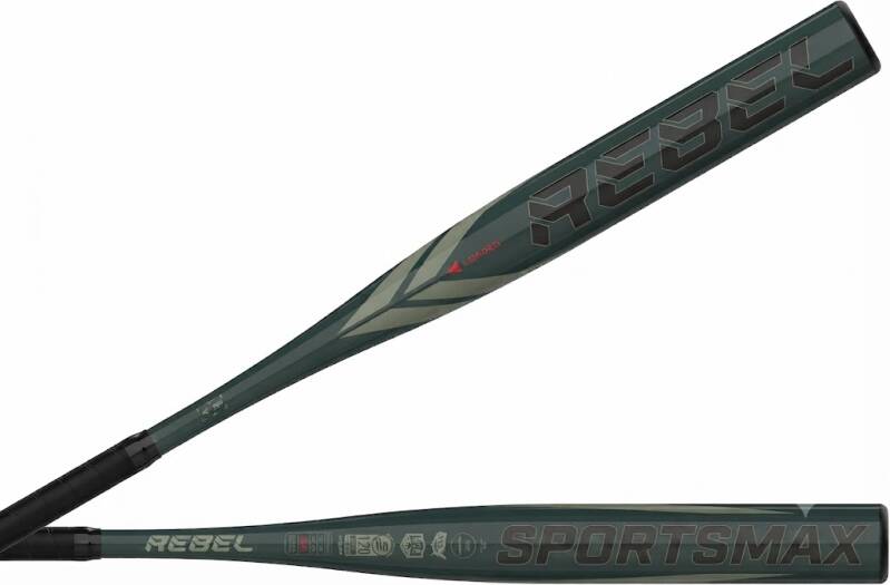 Easton | Rebel Slowpitch Softball Bat | Approved for Play on All Fields | Loaded | 12" Barrel, a one-piece aluminum bat in a dark green and gray finish with a black grip.