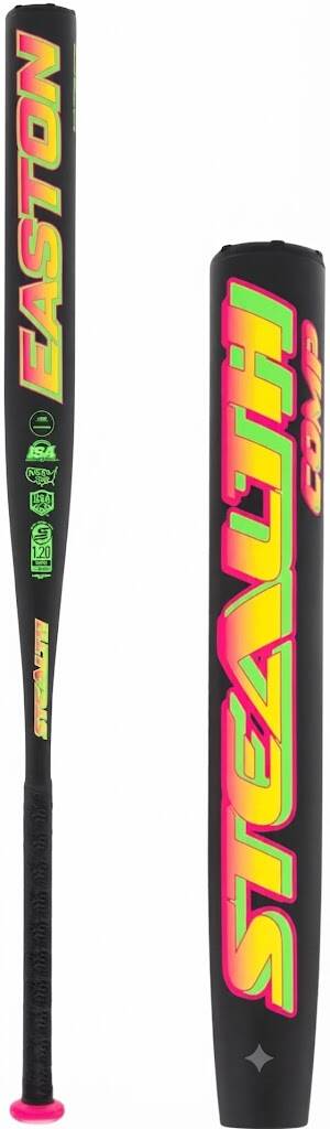 Easton Stealth 13" Loaded Dual Stamp Slow Pitch Softball Bat: S32ESD6P1, a one-piece composite bat in a black finish with a yellow-to-pink gradient accent and a pink-tipped grip.