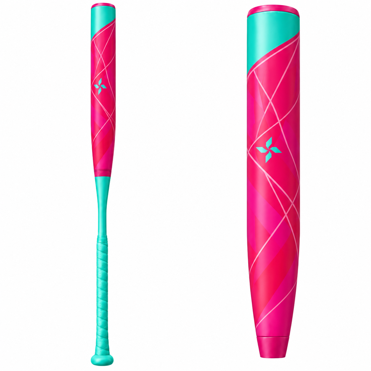 A pink and teal softball bat with geometric patterns on a white background.