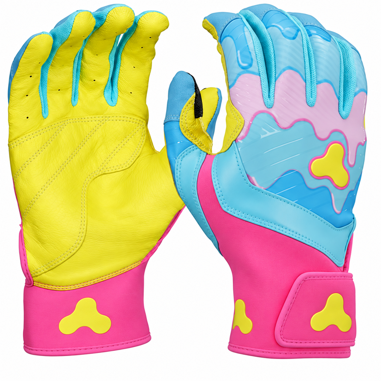 Batting gloves by Easton, in pink, blue, and yellow with a drip design.