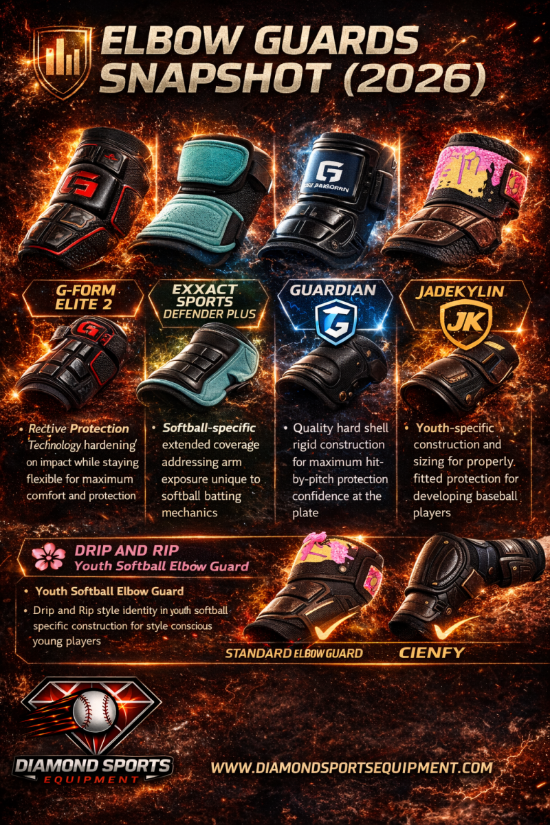 Elbow guards snapshot graphic featuring six top elbow guards with product names, features, and cosmic lightning design with Diamond Sports Equipment logo and website