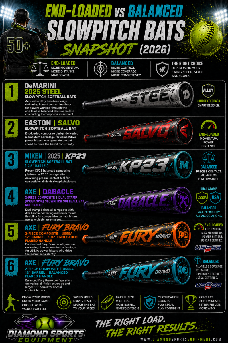 End-loaded vs balanced slowpitch bats snapshot infographic comparing six bats across both load profiles with product names and Diamond Sports Equipment branding.