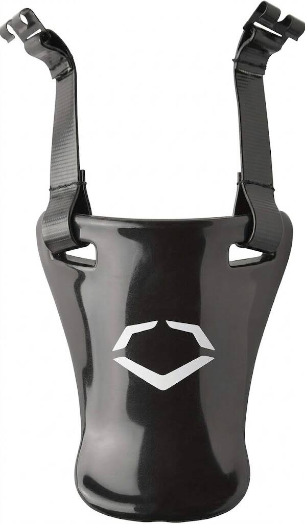 Evoshield baseball and softball catcher's throat guard in black with white EvoShield logo and clip-on attachment straps.
