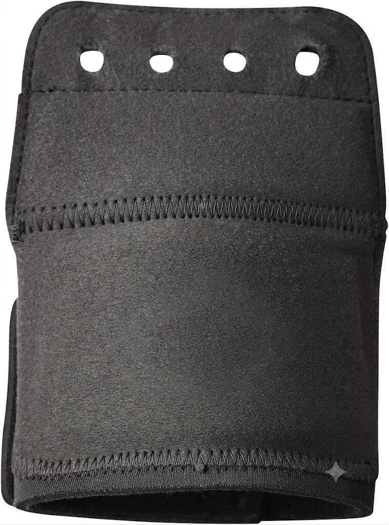 Evoshield black neoprene wrist guard with adjustable straps and hard shell insert for baseball and softball catchers.