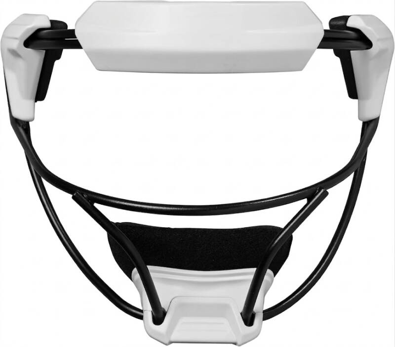 EvoShield Fastpitch Defender's Facemask displayed showing its protective cage construction and adjustable harness system on a neutral background.