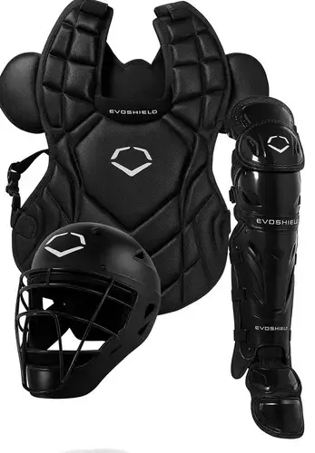 EvoShield G2S Baseball Catcher's Gear Kit displayed showing its Gel-to-Shell molding construction and personalized fit technology across matched kit components.
