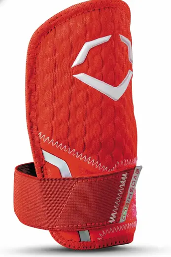 EvoShield Pro-SRZ 2.0 Batter's Hand Guard shown attached to a batting glove highlighting its custom-molded shell design.