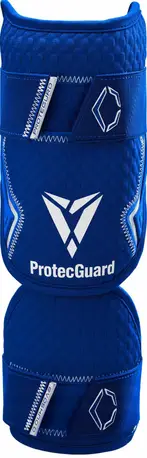 EvoShield Pro-SRZ 2.0 two-piece batter's elbow guard in royal blue with gel-to-hard custom molding and dual strap system for competitive high school and adult players.