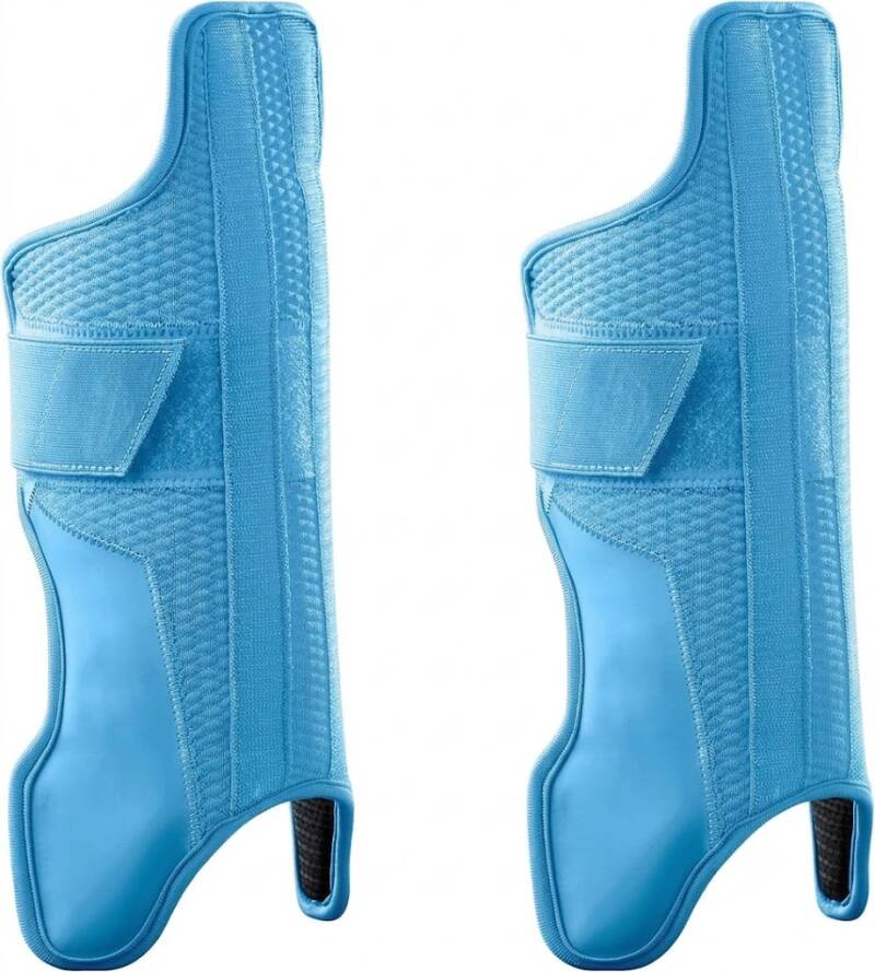 EvoShield Pro-SRZ 2.0 catcher's lower leg guards in light blue with velcro straps and molded shin coverage.