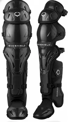 EvoShield Pro-SRZ 2.0 Fastpitch Catcher's Leg Guards displayed showing their Gel-to-Shell molding construction and personalized fit technology for female fastpitch catchers.