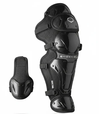 Evoshield Pro-SRZ Baseball Fastpitch Leg Guards displayed showing their two-piece Gel-to-Shell custom-molding construction for competitive baseball and fastpitch catchers.