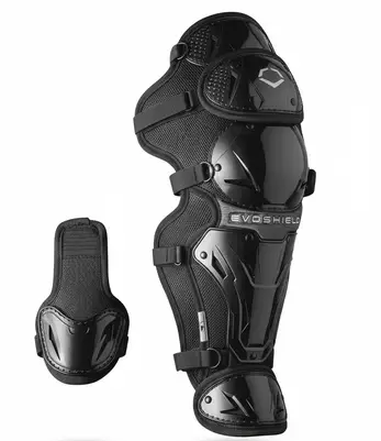 EvoShield Pro-SRZ Baseball/Fastpitch Leg Guards displayed showing their crossover construction and adjustable fit design for catchers competing across both baseball and softball formats.