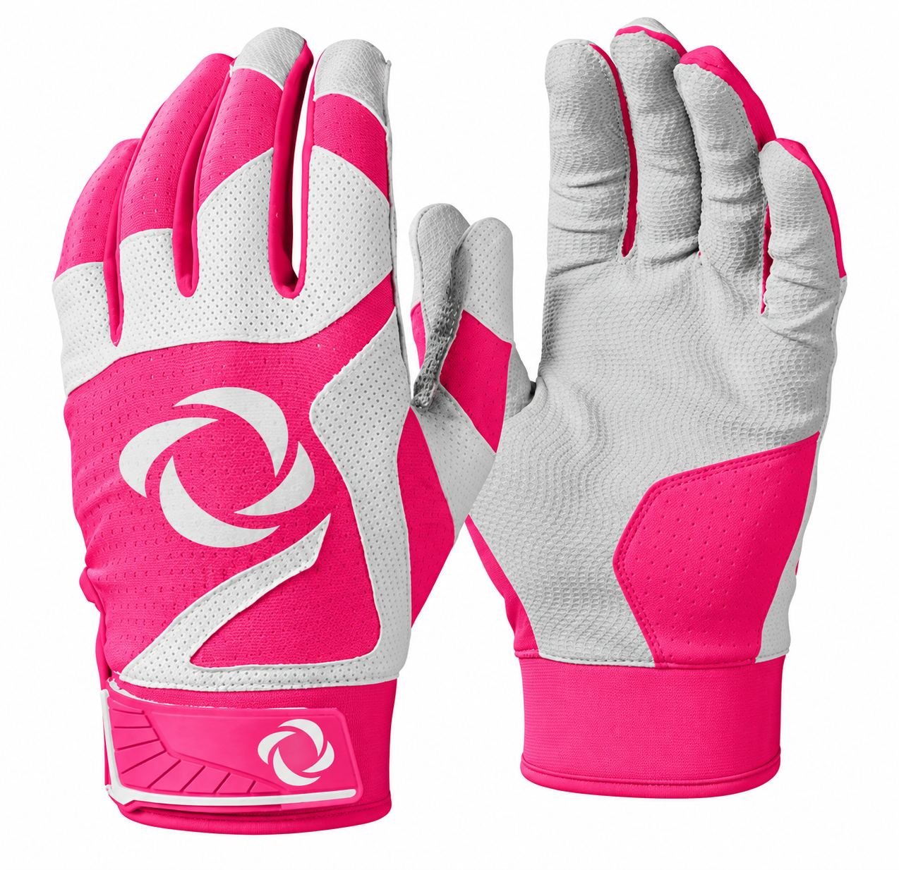 Batting gloves by EvoShield, in pink and white with gray palms.