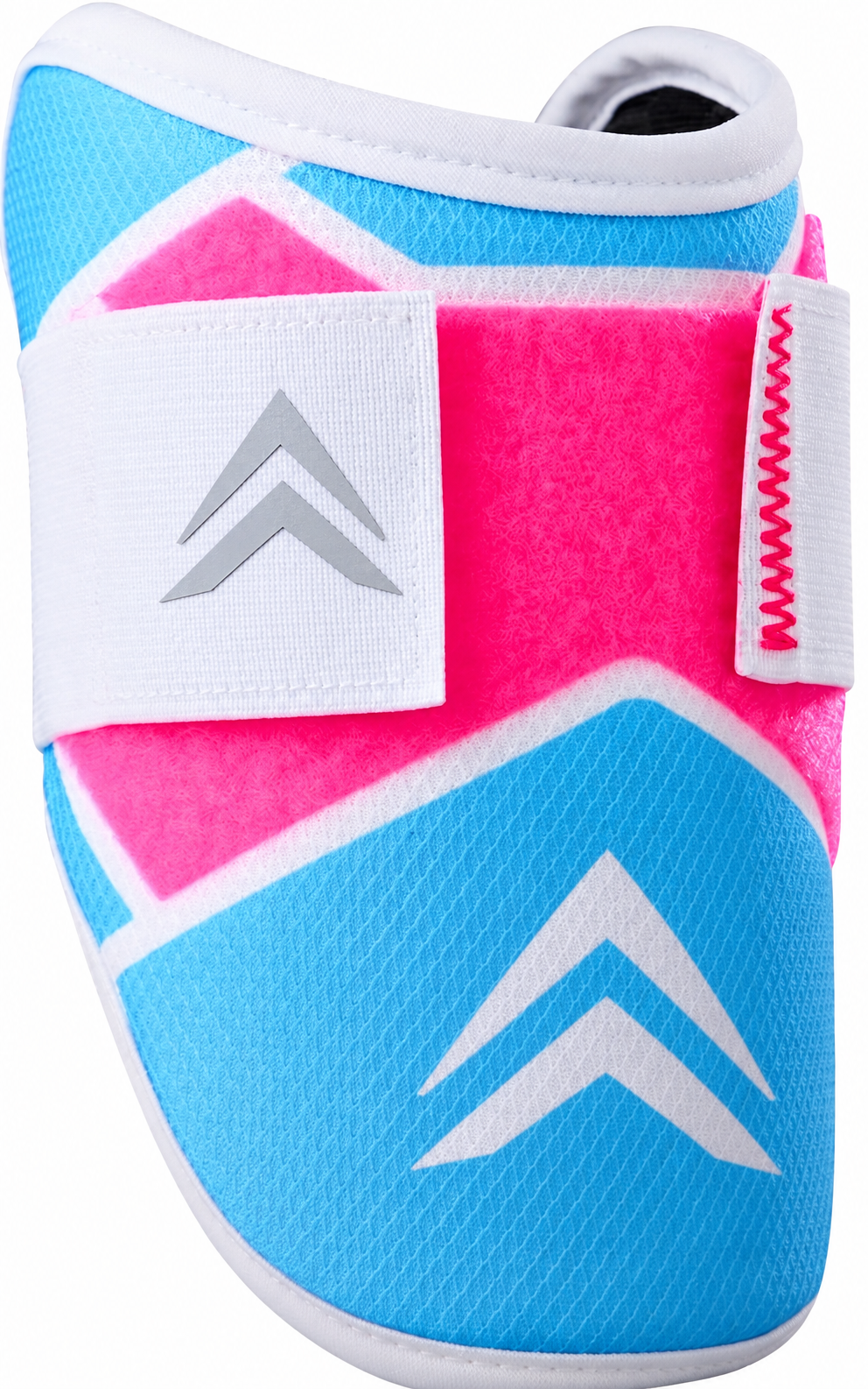 Baseball elbow guard by EvoShield, in light blue, pink, and white.