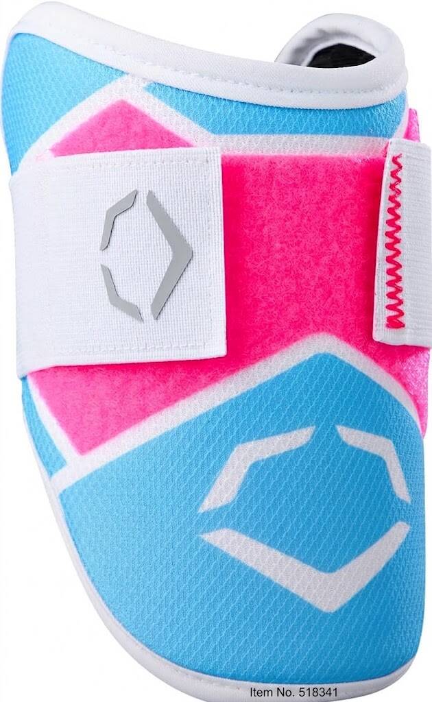 EvoShield SRZ-2 batter's elbow guard in sky blue and hot pink with white EvoShield shield logo.
