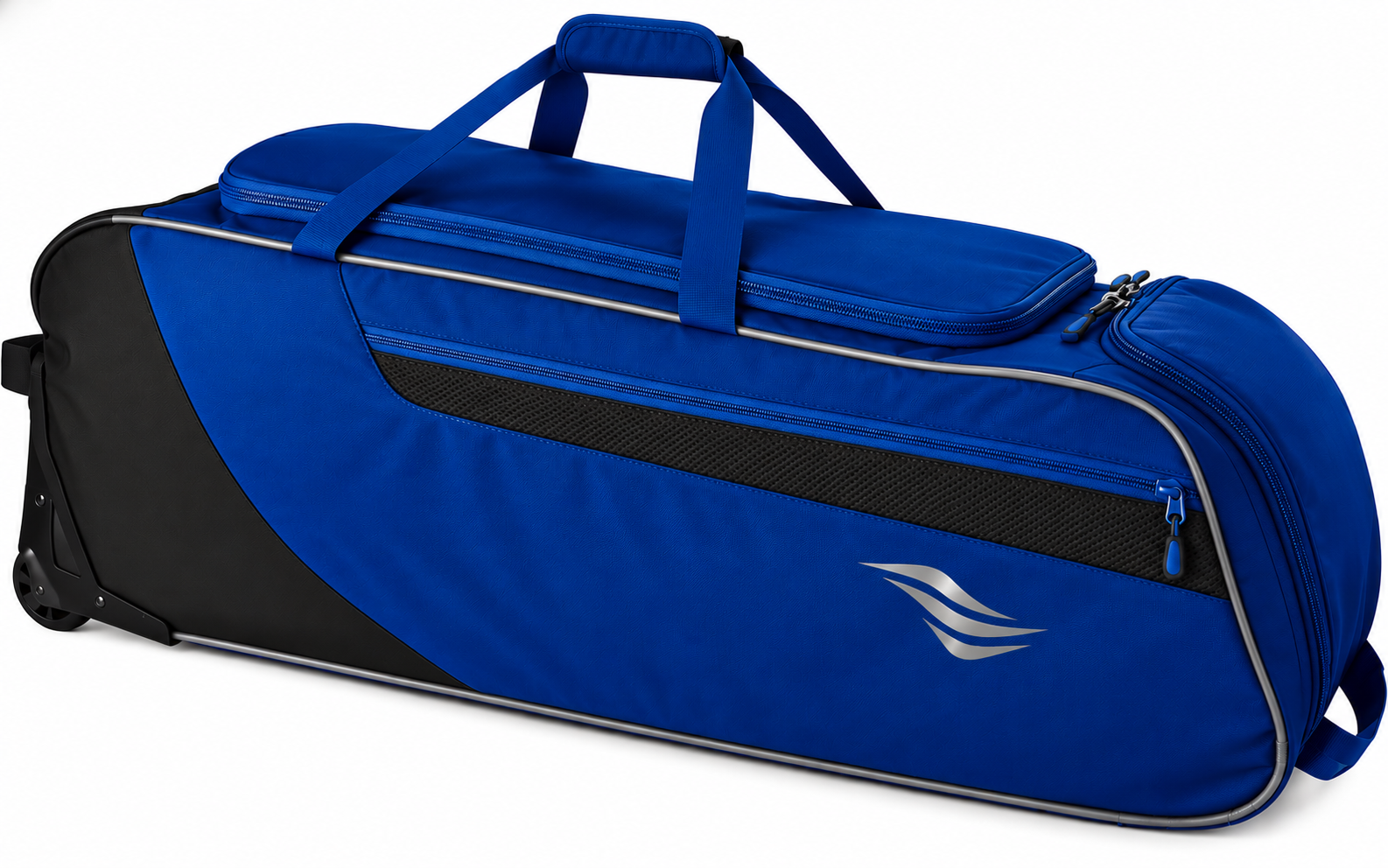 Rolling equipment bag for baseball by EvoShield, in royal blue and black.