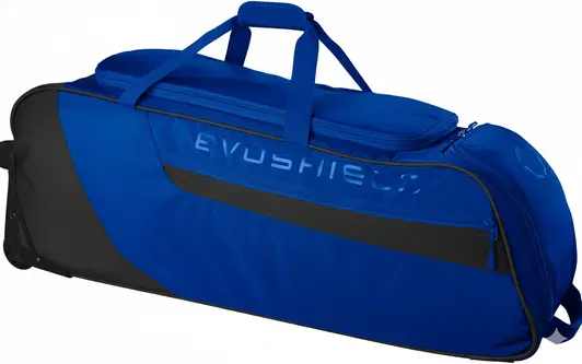 EvoShield Takeover Wheeled Bags with EvoShield brand construction quality multiple compartment zones and bat sleeve capacity for competitive high school and travel ball players.