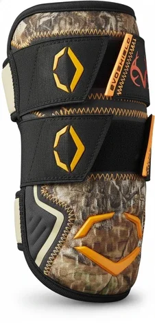 EvoShield X-SRZ Batter's Double Strap Elbow Guards displayed showing their Gel-to-Shell construction and double strap enhanced security system for stability-focused competitive hitters.