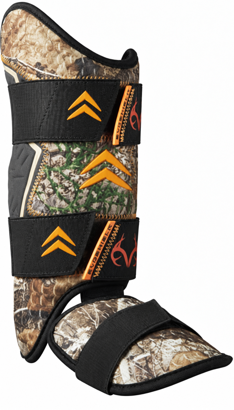 Baseball leg guard by EvoShield, in brown and black with orange accents.