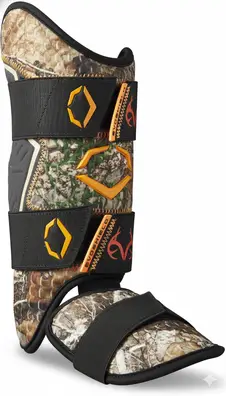 EvoShield X-SRZ batter's leg guard in Realtree Edge camo pattern with black straps and EvoShield logo hardware.