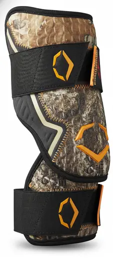 EvoShield X-SRZ Realtree Edge Camo Batter's Two-Piece Elbow Guard displayed showing its distinctive Realtree camo colorway and X-SRZ Gel-to-Shell construction for competitive hitters.