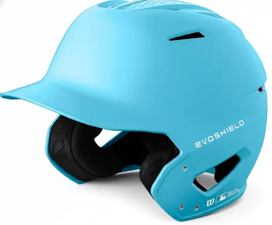 EvoShield XVT 2.0 batting helmet in light blue with dual ear flap and padded interior.