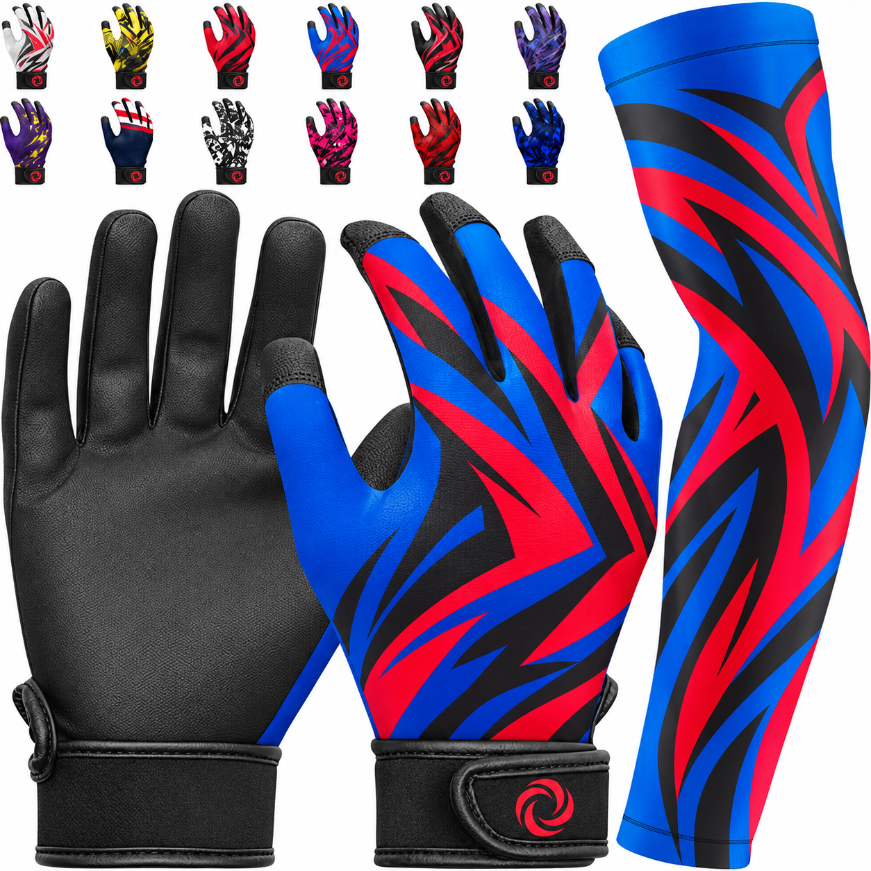 Batting gloves by Exxact Sports for youth, with a blue and red arm sleeve.