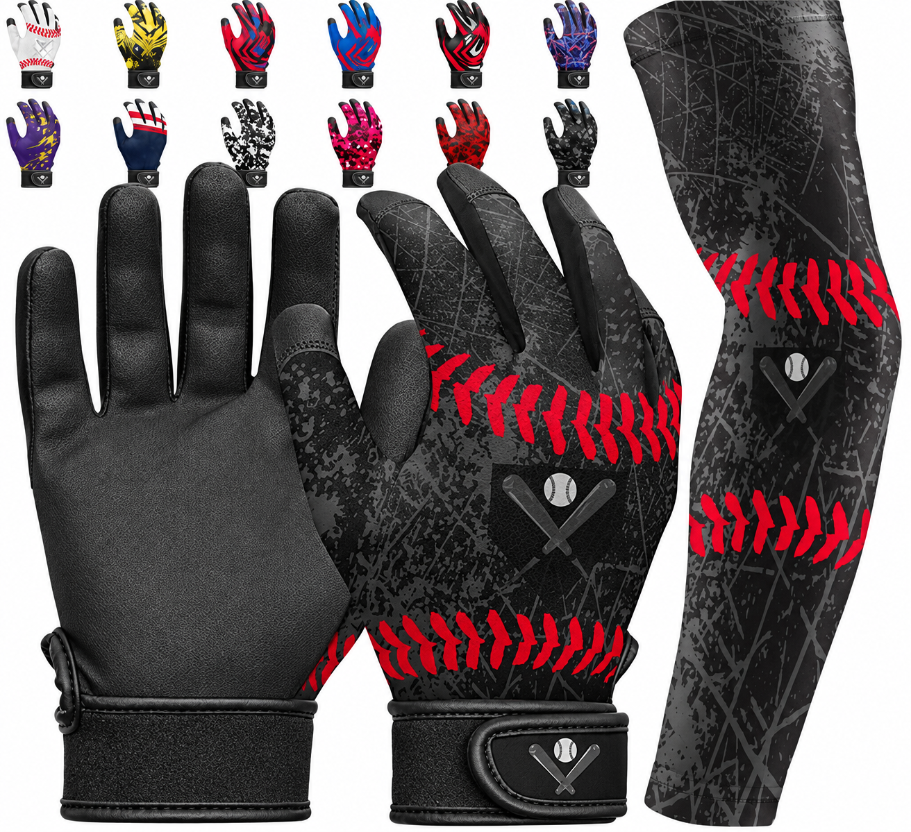 Batting gloves by Exxact Sports for youth, with a black and red arm sleeve.
