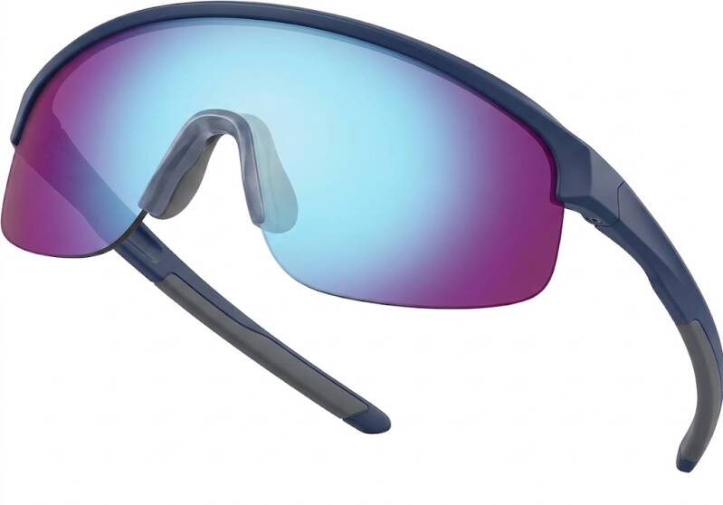 Sunglasses with navy blue frames and UV400 mirrored shield lens — EYEBUDDY Kids Sports Sunglasses UV400 Ages 6-12.