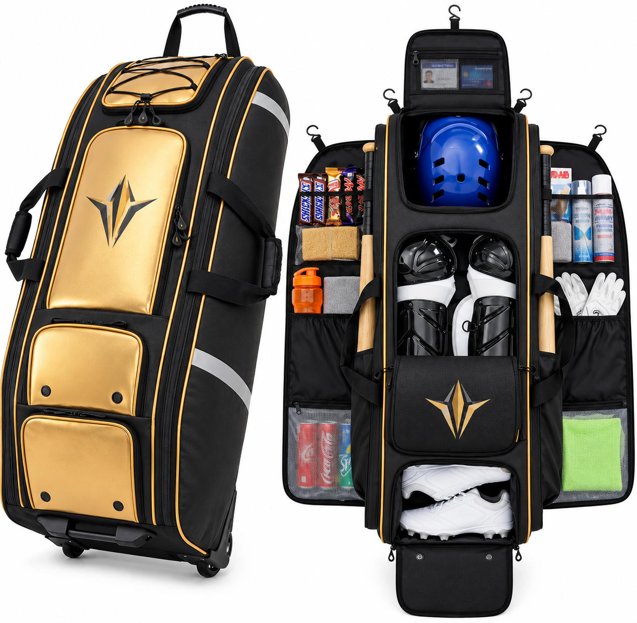 Large black and gold wheeled equipment bag displayed closed and then fully open with protective gear.