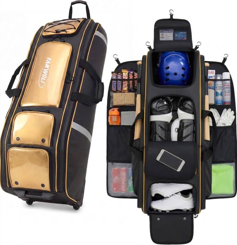 Large black and gold wheeled equipment bag displayed closed and then fully open with protective gear.