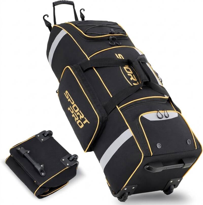 Black rolling equipment bag with gold trim shown upright and then collapsed for storage.