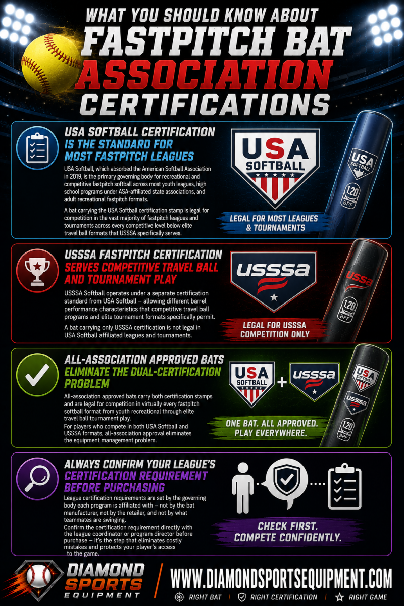 Fastpitch bat certification infographic featuring Easton Ghost Unlimited, Louisville Slugger LXT, DeMarini CF, Rawlings Mantra, Mizuno CRBN, and Marucci Echo fastpitch softball bats.