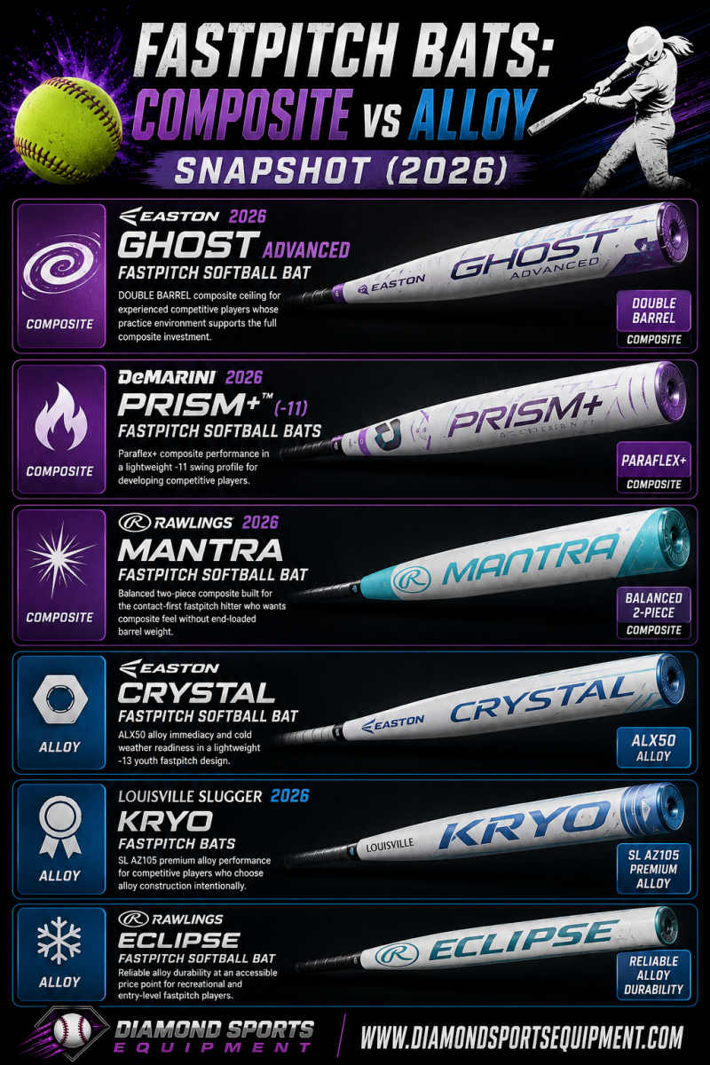 Easton Ghost Advanced, DeMarini Prism+, Rawlings Mantra, Easton Crystal, Louisville Slugger Kryo, and Rawlings Eclipse fastpitch softball bat snapshot comparing composite and alloy bat construction.