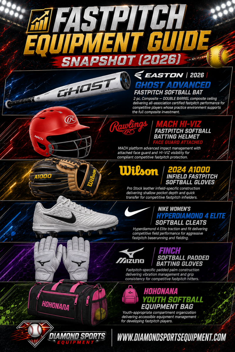 Easton Ghost Advanced, Rawlings MACH HI-VIZ, Wilson A1000, Nike Hyperdiamond 4 Elite, Mizuno Finch, and HOHONANA Youth Softball Equipment Bag featured in a fastpitch equipment guide snapshot infographic.