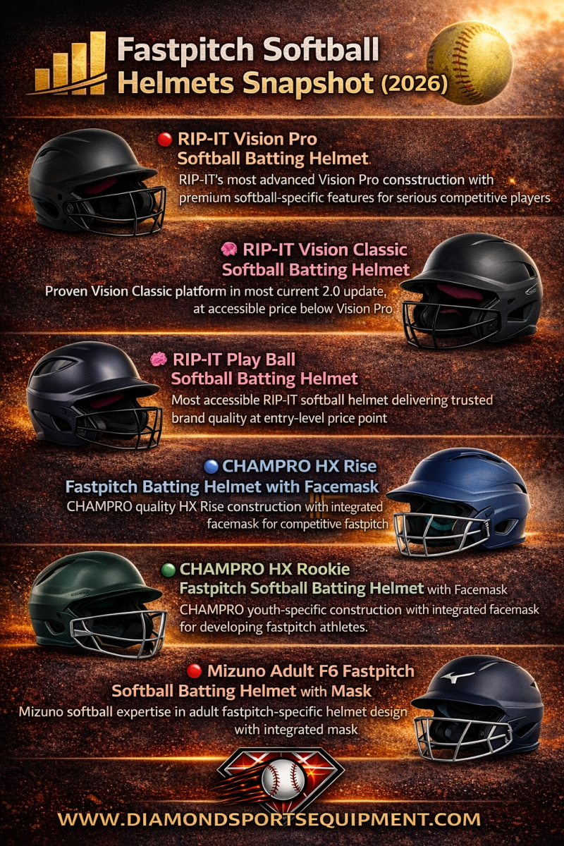 Fastpitch softball helmet list infographic featuring top 2026 helmets for protection, fit, and performance