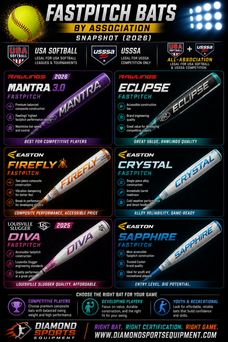 Fastpitch bat association snapshot featuring Rawlings Mantra 3.0, Rawlings Eclipse, Easton Firefly, Easton Crystal, Louisville Slugger Diva, and Easton Sapphire fastpitch softball bats.