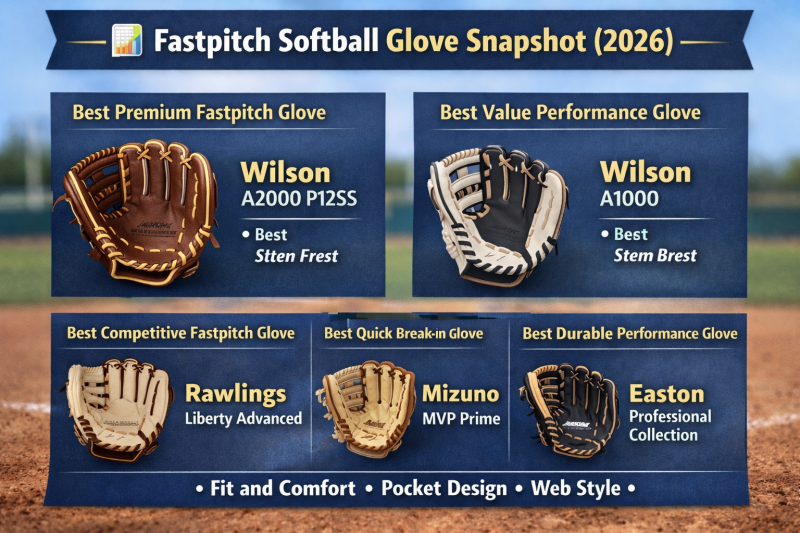 Best fastpitch softball gloves 2026 comparison infographic featuring Wilson, Rawlings, Mizuno, Easton, and SSK gloves
