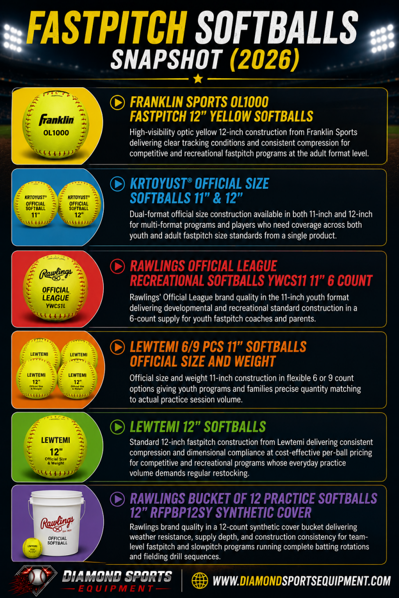 Fastpitch Softballs Snapshot 2026 graphic featuring Franklin Sports, Rawlings, KRTOYUST, Lewtemi, and Rawlings bucket practice softballs with Diamond Sports Equipment branding.