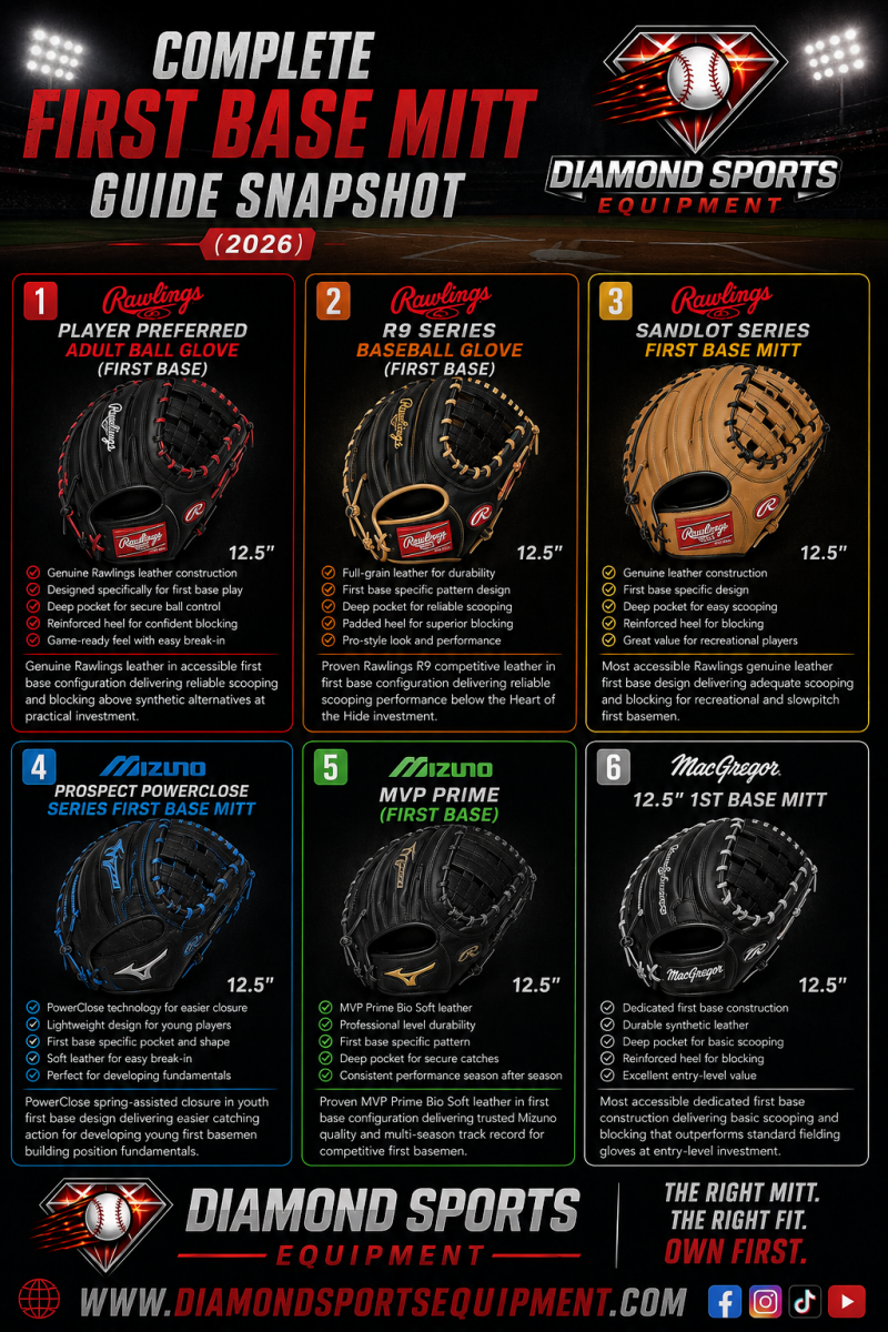 Complete first base mitt guide snapshot featuring six baseball first base mitts for youth, recreational, and competitive players in 2026.
