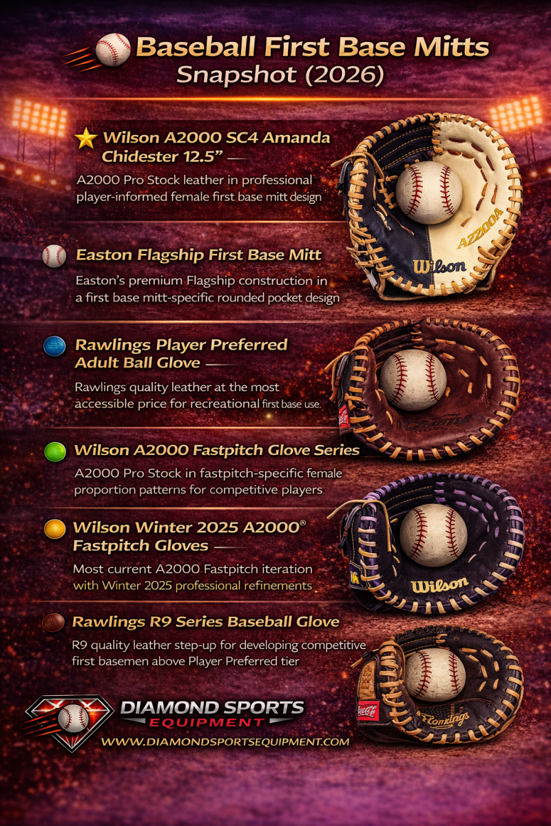 Baseball first base mitts list infographic featuring top 2026 mitts for performance, durability, and fit