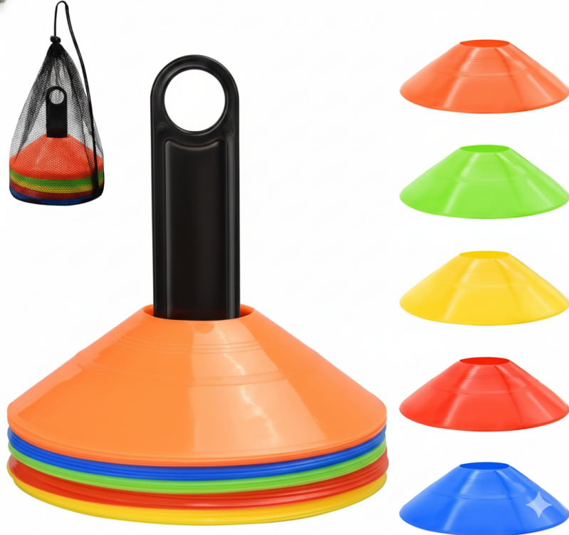 FGBNM Disc Cones available in 25 50 and 100-piece counts with flexible flat design for marking drill station boundaries lanes and position markers on any baseball softball practice field.