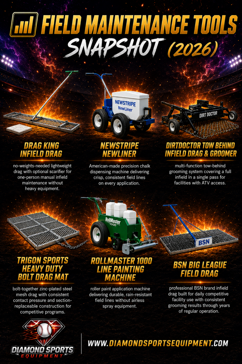 Field Maintenance Tools Snapshot (2026) featuring infield drags, drag mats, and line striping machines with Diamond Sports Equipment branding.
