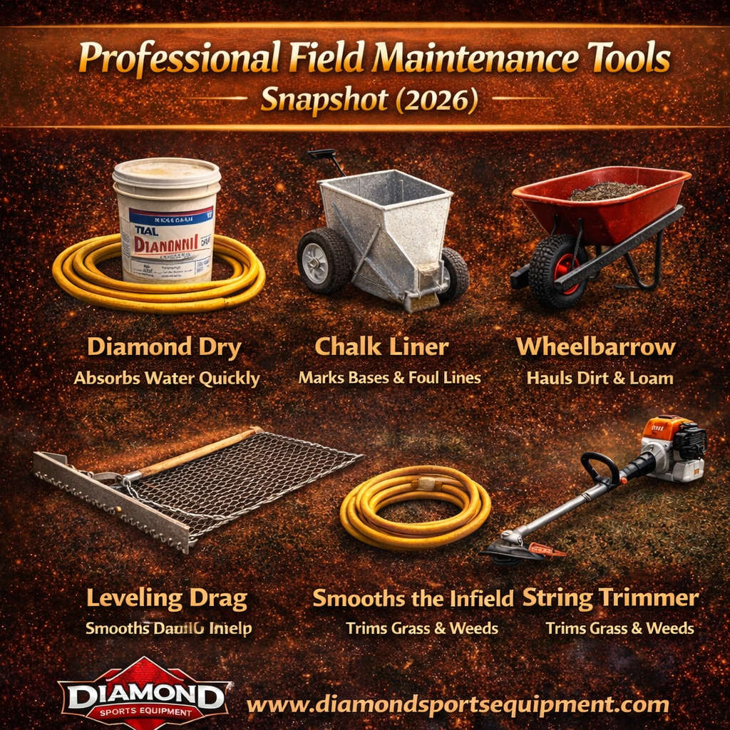 A summary table of professional field maintenance tools including the DirtDoctor Tow Behind Infield Drag, Newstripe NewLiner Dry Line Chalker, StadiumMax Steel Drag Mat, Yard Tuff Cross Drag Leveler, Trigon Sports Fully Adjustable Batters Box 